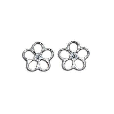 Sterling Silver 10MM Cut-In Hawaiian Plumeria with CZ Pierced Earrings (S)