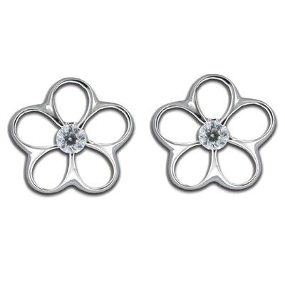 Sterling Silver 15MM Cut-In Hawaiian Plumeria with CZ Pierced Earrings (L)