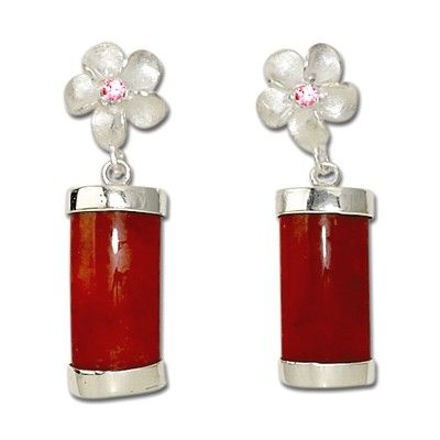 Sterling Silver Hawaiian Plumeria Design Red Jade Earrings