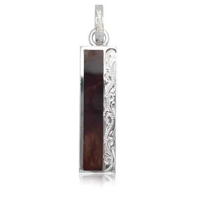 Sterling Silver Hawaiian Engraved Koa Wood Long Bar Shaped Pendant (L)