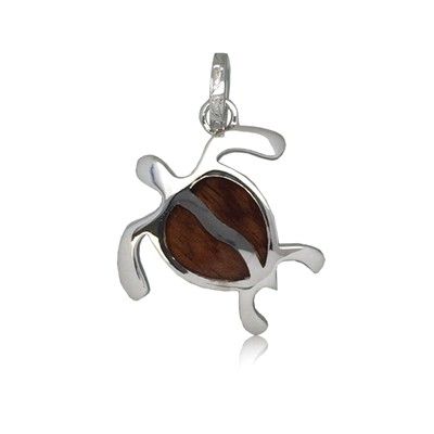 Sterling Silver Hawaiian Koa Wood HONU Pendant (M)