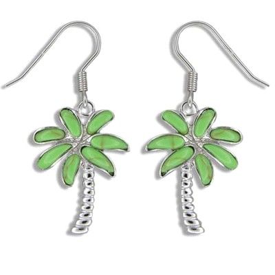 Sterling Silver Hawaiian Green Turquoise Palm Tree Earrings (L)