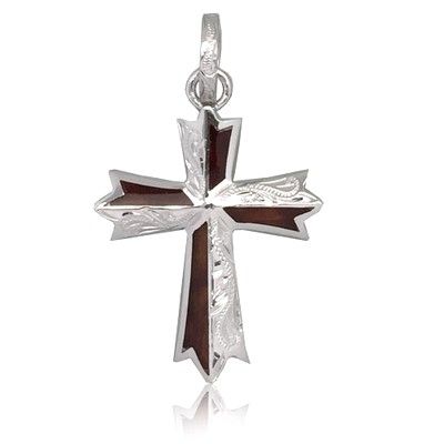 Sterling Silver Hawaiian Koa Wood Engraved Cross Shaped Pendant (L)