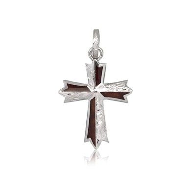 Sterling Silver Hawaiian Koa Wood Engraved Cross Shaped Pendant (S)