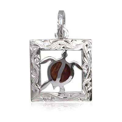 Sterling Silver Hawaiian Koa Wood Engraved HONU in Square Pendant