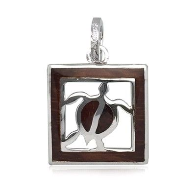 Sterling Silver Hawaiian Koa Wood HONU in Square Pendant