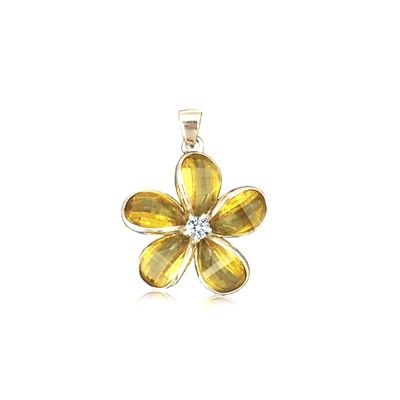 Sterling Silver 15MM Hawaiian Plumeria with Semi-Precious Yellow Citrine Pendant