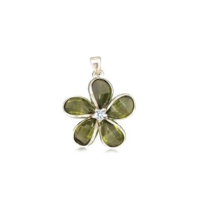 Sterling Silver 15MM Hawaiian Plumeria with Semi-Precious Green Peridot Pendant