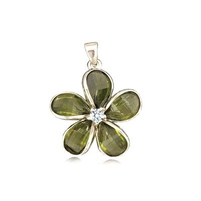 Sterling Silver 18MM Hawaiian Plumeria with Semi-Precious Green Peridot Pendant 