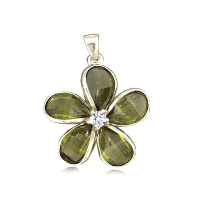 Sterling Silver 24MM Hawaiian Plumeria with Semi-Precious Green Peridot Pendant 