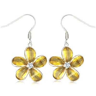 Sterling Silver 15MM Hawaiian Plumeria with Semi-Precious Yellow Citrine Fish Wire Earrings