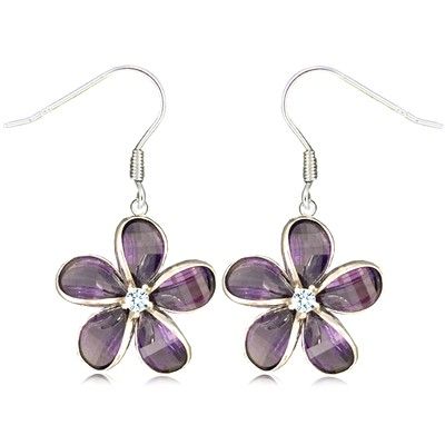 Sterling Silver 15MM Hawaiian Plumeria with Semi-Precious Purple Amethyst Fish Wire Earrings