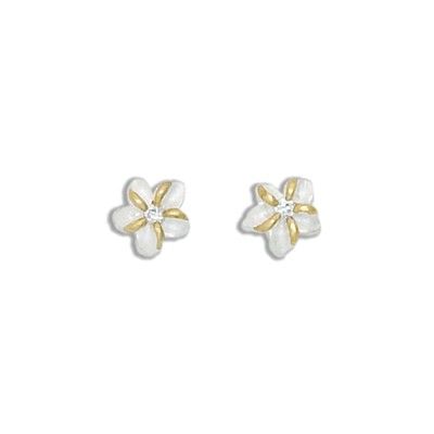 Sterling Silver Two Tone 8MM Hawaiian Plumeria with Clear CZ Design Earrings