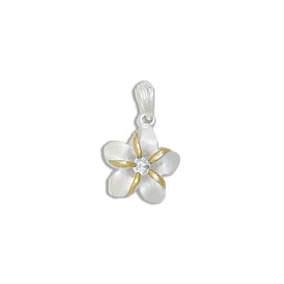 Sterling Silver Two Tone 12MM Hawaiian Plumeria with Clear CZ Design Pendant