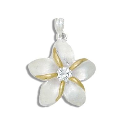 Sterling Silver Two Tone 25MM Hawaiian Plumeria with Clear CZ Design Pendant