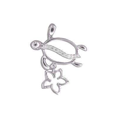 14kt White Gold Diamond Hawaiian HONU with Cut-Out Plumeria Pendant