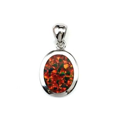 Sterling Silver Hawaiian Oval Shaped Red Fire Opal Pendant