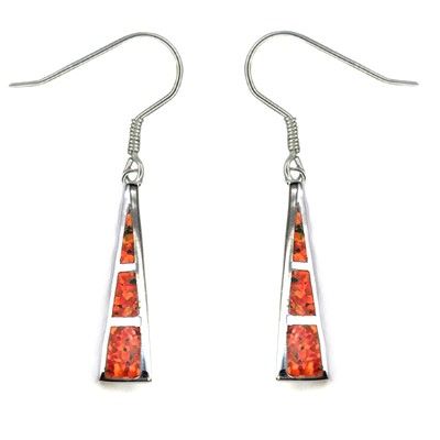 Sterling Silver Hawaiian Triangle Shaped with Red Fire Opal Fish Wire Earrings