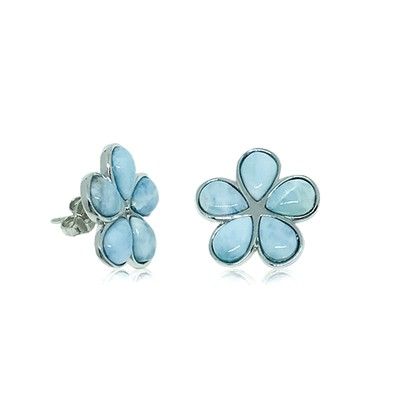 Sterling Silver and Genuine Larimar 15mm Plumeria Earrings