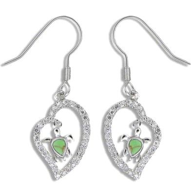 Sterling Silver Green Turquoise Hawaiian Honu in CZ Heart Fish Wire Earrings