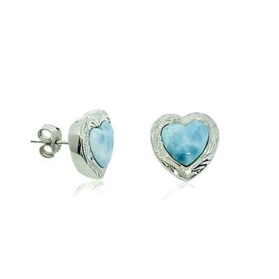 Sterling Silver and Genuine Larimar Heart Shaped Stud Earrings