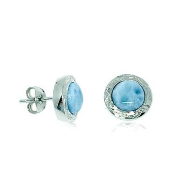 Sterling Silver and Genuine Larimar Round Shaped Stud Earrings