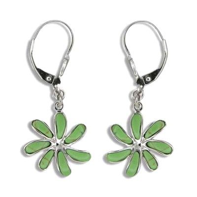 Sterling Silver Hawaiian Green Turquoise Tiare Flower Lever Back Earrings