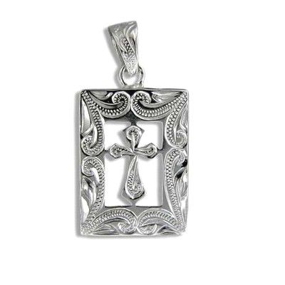 Fine Engraved Sterling Silver Men's Scroll Cross Pendant