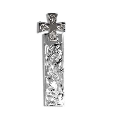 Fine Engraved Sterling Silver Scroll and Plumeria  with Movable Cross Pendant
