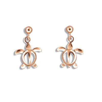 Fine Engraved Sterling Silver Rose Gold Plated Hawaiian Honu Dangling Earrings