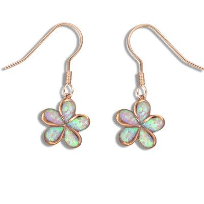 Pink Simulated Opal Plumeria Fishhook Earrings Sterling Silver