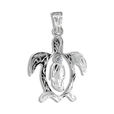 Fine Engraved Sterling Silver Cut-Out Honu with Dangling Maile Leaf Pendant
