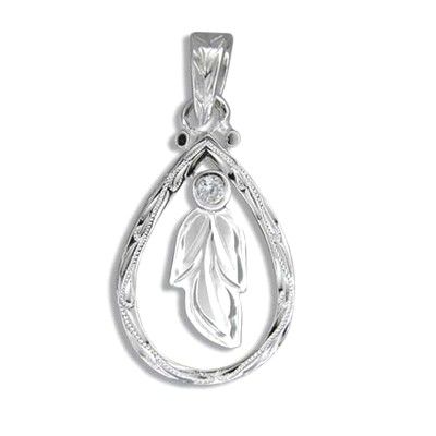 Fine Engraved Sterling Silver Cut Out Water Drop with Dangling Maile Leaf Pendant