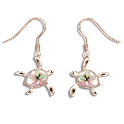10mm Sterling Silver 925 Hawaiian Plumeria Honu Turtle Dangle Earrings - Wire Hook