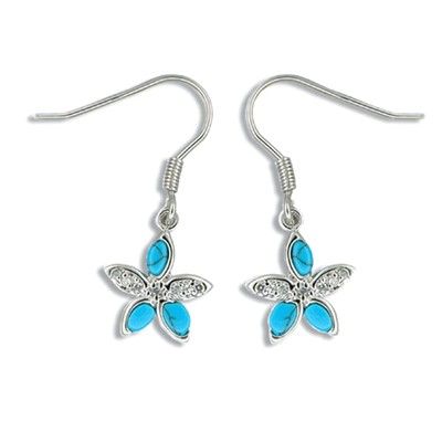 Sterling Silver Blue Turquoise Plumeria CZ Earrings