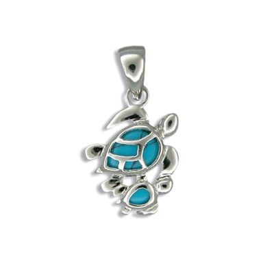 Sterling Silver Hawaiian Mother and Baby Honu Blue Turquoise Pendant