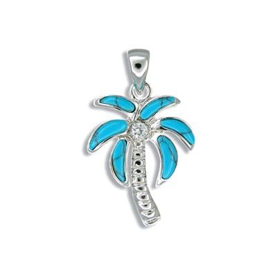 Sterling Silver Hawaiian Blue Turquoise Palm Tree Pendant with CZ