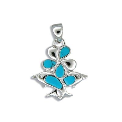 Sterling Silver Hawaiian Plumeria and Dolphin with Blue Turquoise Bouquet Pendant
