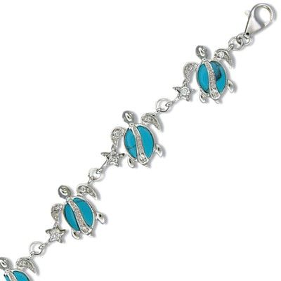 Sterling Silver Hawaiian Honu and Star Blue Turquoise Bracelet with CZ