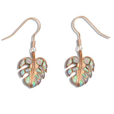 Sterling Silver Hawaiian Monstera Leaf Pink Opal Fish Wire Earrings