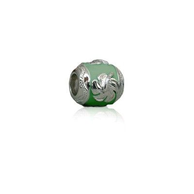 Sterling Silver Hawaiian Rhodium Green Enamel Hibiscus Charm Bead 