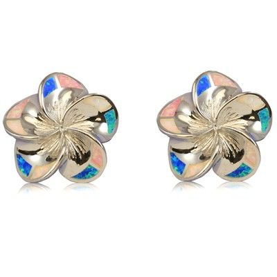 Sterling Silver 20mm Hawaiian Plumeria with Rainbow Opal Post Earrings