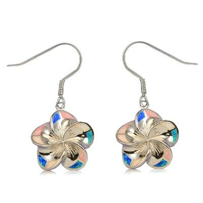 Sterling Silver 18mm Hawaiian Plumeria with Rainbow Opal Earrings with Fish Wires