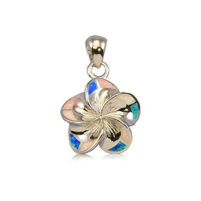 Sterling Silver 18mm Hawaiian Plumeria with Rainbow Opal Pendant