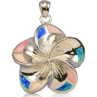 Sterling Silver 30mm Hawaiian Plumeria with Rainbow Opal Pendant