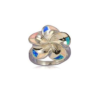 Sterling Silver 20mm Hawaiian Plumeria with Rainbow Opal Ring