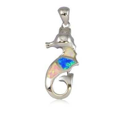 Sterling Silver Hawaiian Rainbow Opal Seahorse Pendant