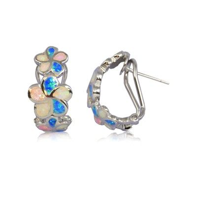 Sterling Silver Triple Hawaiian Plumeria with Rainbow Opal Post Earrings