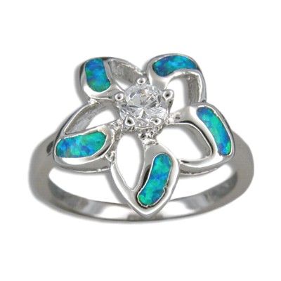 Sterling Silver Hawaiian Cut-in Blue Opal Fancy Plumeria Ring with CZ