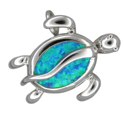Sterling Silver Hawaiian Blue Opal Sea Turtle Pendant
